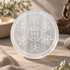 A round translucent white crystal sphere with engraved geometric and floral patterns, including the numbers 808, 520, and 741 in the center, displayed on a textured stone surface with soft-focus decorative props.