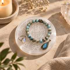 A beaded bracelet with turquoise-blue and gray marbled beads, a small black skull charm, and a teardrop-shaped iridescent blue pendant, displayed on a clear crystal plate with a ring beside it. The scene is styled with a lit candle, dried flowers, a crystal cluster, and linen on a warm beige surface.