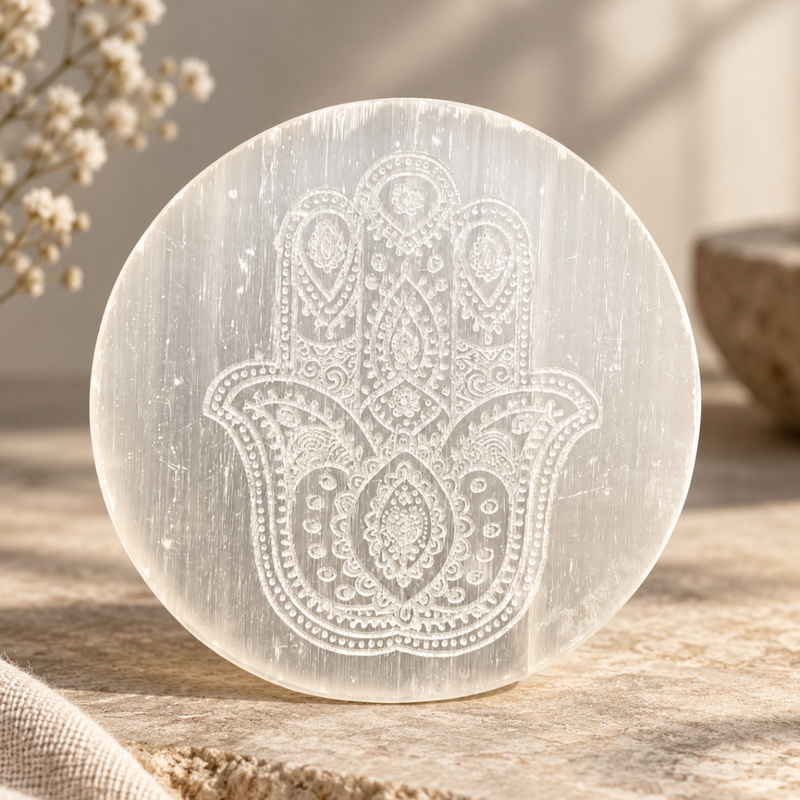 selenite plate with hamsa hand engraved on it