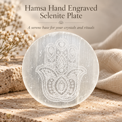 A round selenite crystal plate engraved with a detailed Hamsa hand, displayed on a rustic stone surface with linen and dried flowers in the background. Text at the top reads 'Hamsa Hand Engraved Selenite Plate'.