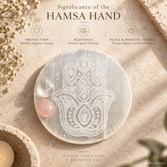 A round silver-toned Hamsa hand plaque with an engraved hamsa design, displayed on a textured beige surface with decorative crystals and dried flowers. Text above reads 'Significance of the HAMSA HAND' with three benefit callouts, and the brand 'The Zen Crystals' appears at the bottom right.