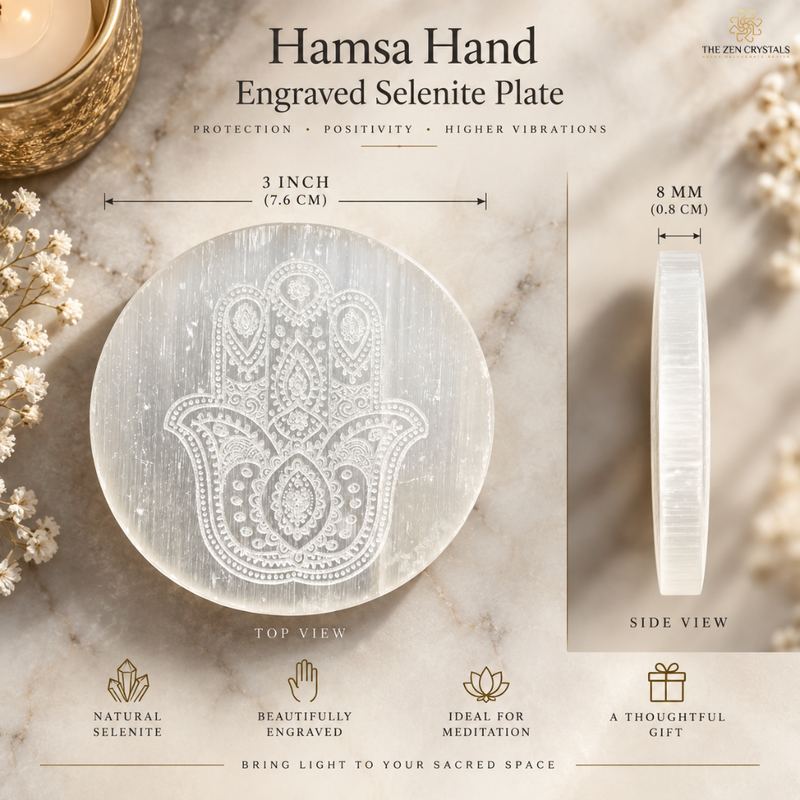 An engraved Hamsa hand selenite plate shown on a marble surface with decorative flowers and candle props. The image includes labeled dimensions: 3 inch top view and 8 mm side view, plus text describing natural selenite, beautifully engraved details, and suitability for meditation.
