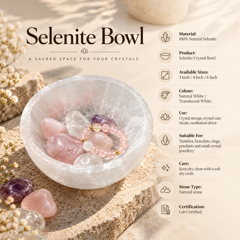 A selenite bowl displayed on a textured stone surface, containing pink and purple crystals and a beaded bracelet. The image features text overlays detailing the product's specifications, including material, size, color, and care instructions, set against a warm beige background.