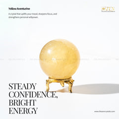 Yellow aventurine crystal on a stand with promotional text on a white background