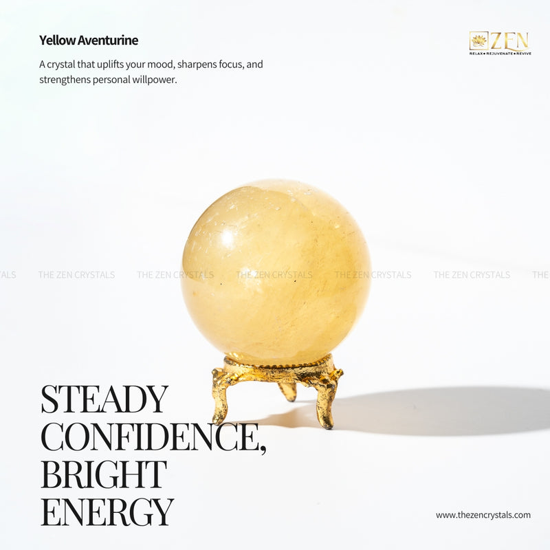 Yellow aventurine crystal on a stand with promotional text on a white background