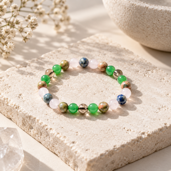 A beaded stretch bracelet for taurus zodiac with green, blue, white, and marbled brown beads, displayed on a textured beige stone slab with soft shadows. 