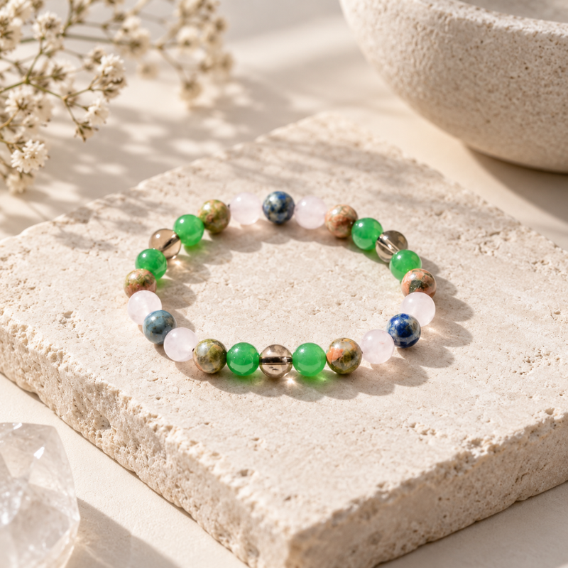 A beaded stretch bracelet for taurus zodiac with green, blue, white, and marbled brown beads, displayed on a textured beige stone slab with soft shadows. 