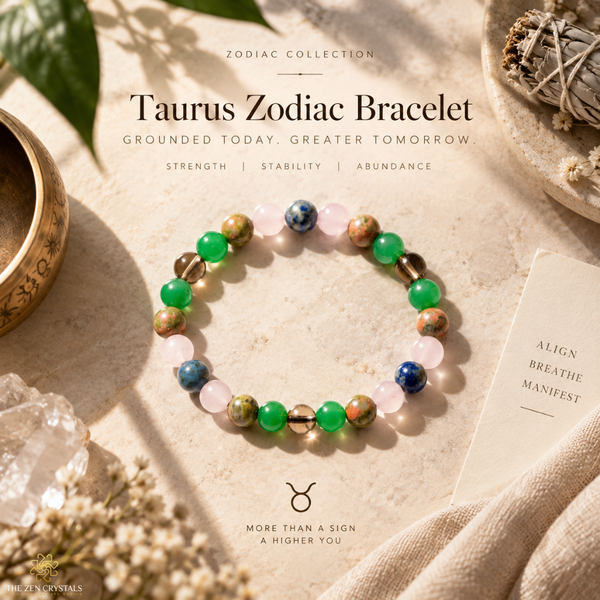 A beaded Taurus zodiac bracelet displayed on a textured beige surface with decorative crystals, a brass bowl, and a card. The bracelet features green aventurine, pink quartz, blue lapis lazuli, and brown/bronze jasper beads.