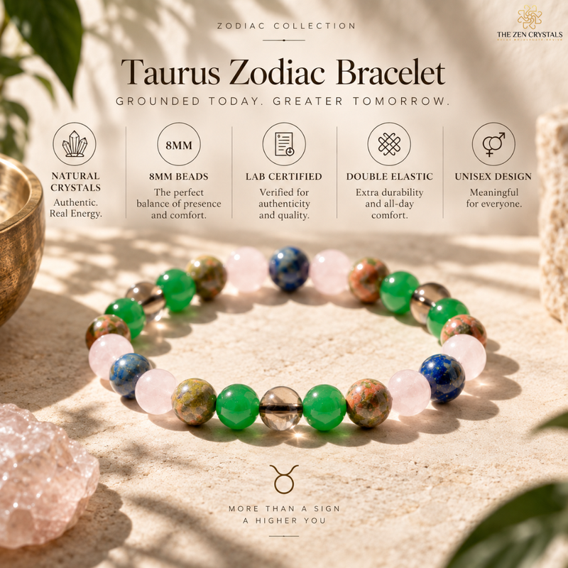 A Taurus Zodiac bracelet made of multicolored polished gemstone beads, displayed on a sandy surface with promotional text and icons detailing its features. The brand logo 'The Zen Crystals' is visible in the top right corner.
