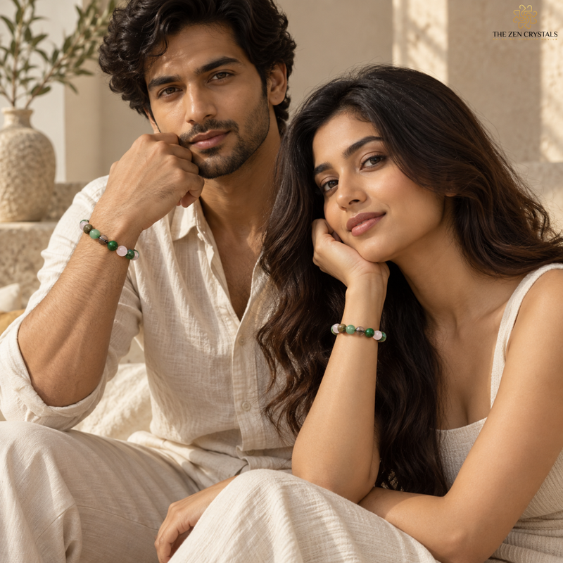 A man and a woman sitting close together indoors, both wearing matching beaded bracelets with green, white, and red beads. The man wears a light beige linen shirt and pants, and the woman wears a light beige sleeveless top and matching pants.