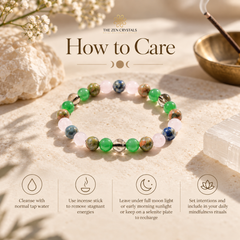 A beaded stretch bracelet made of green, blue, pink, and brown marbled crystals is displayed on a textured beige stone surface. The image is a care guide titled 'How to Care' by 'The Zen Crystals', featuring icons and text for cleansing, using an incense stick, avoiding direct sunlight, and setting intentions.