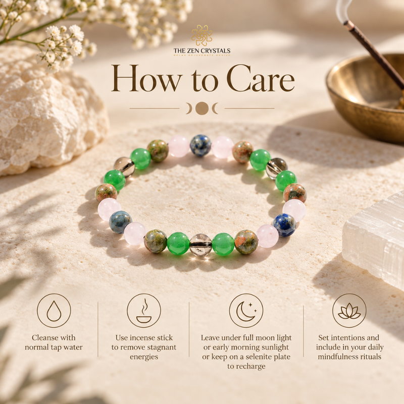A beaded stretch bracelet made of green, blue, pink, and brown marbled crystals is displayed on a textured beige stone surface. The image is a care guide titled 'How to Care' by 'The Zen Crystals', featuring icons and text for cleansing, using an incense stick, avoiding direct sunlight, and setting intentions.