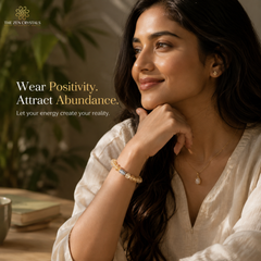 A woman in a white blouse wearing a Unheated Citrine bracelet and a delicate necklace, posed in a warm indoor setting with text on the left reading 'Wear Positivity. Attract Abundance.
