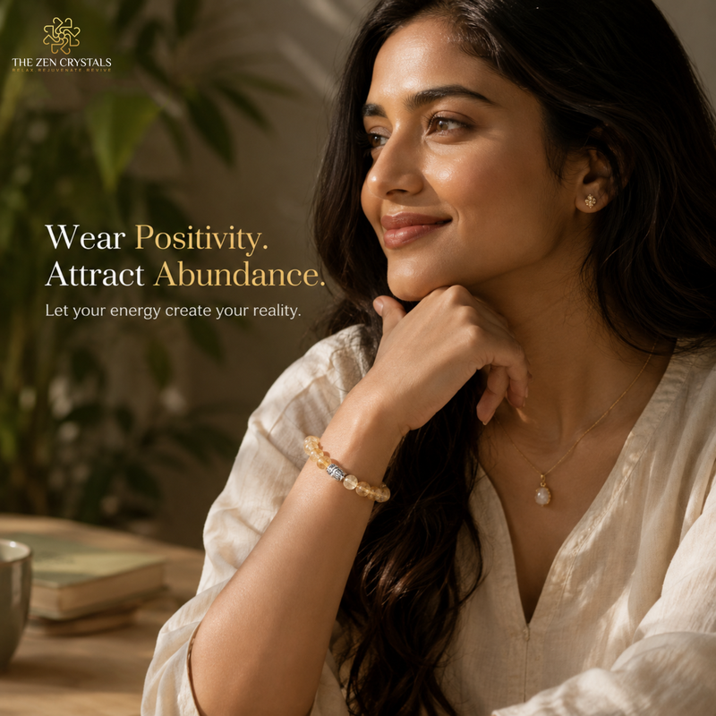 A woman in a white blouse wearing a Unheated Citrine bracelet and a delicate necklace, posed in a warm indoor setting with text on the left reading 'Wear Positivity. Attract Abundance.