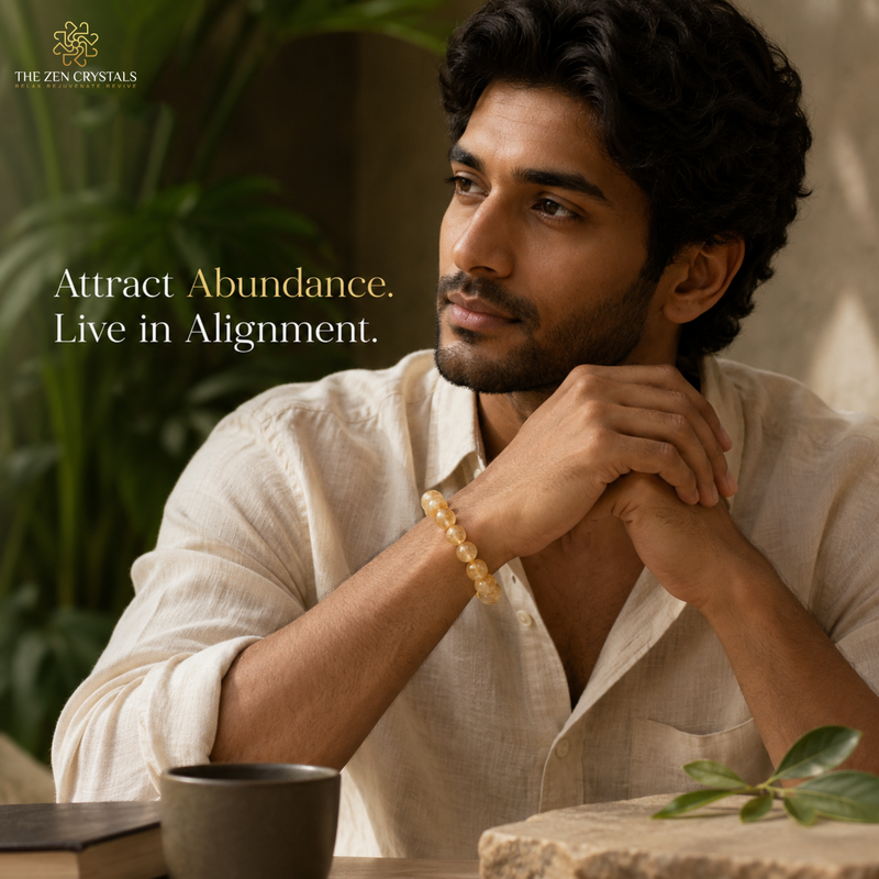 A man in a light beige linen shirt rests his chin on his hands, wearing Unheated Citrine bracelet on his wrist. The scene is set in a warm, softly lit environment with a coffee cup, a stone, and green plants in the background.