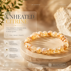 Unheated Citrine bracelet made of warm golden-orange and translucent clear stones, displayed on a round wooden pedestal. The background is a soft-focus warm beige scene with text overlays describing 'Unheated Citrine' and its purported benefits.