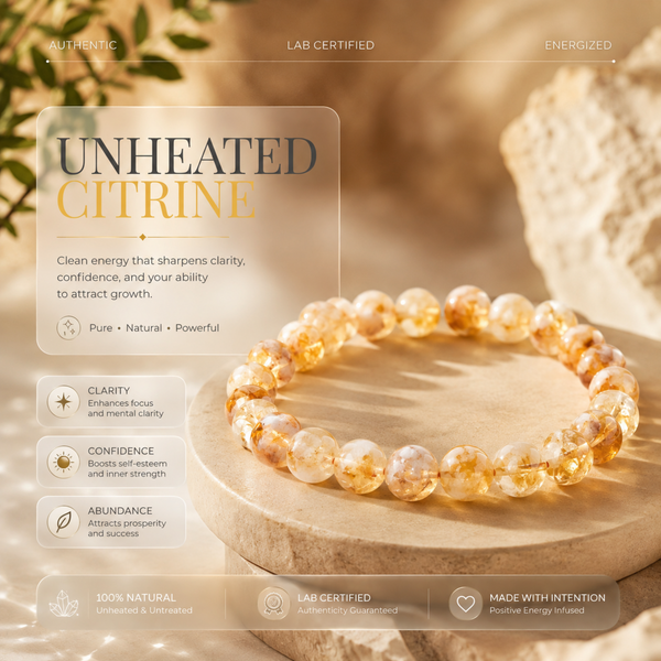 Unheated Citrine bracelet made of warm golden-orange and translucent clear stones, displayed on a round wooden pedestal. The background is a soft-focus warm beige scene with text overlays describing 'Unheated Citrine' and its purported benefits.