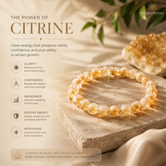 Unheated Citrine bracelet made of light orange-gold citrine stones is displayed on a textured stone slab with a larger crystal cluster in the background. The image includes marketing text on the left describing the benefits of citrine and features the brand name 'The Zen Crystals' at the top right.