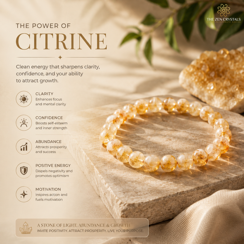 Unheated Citrine bracelet made of light orange-gold citrine stones is displayed on a textured stone slab with a larger crystal cluster in the background. The image includes marketing text on the left describing the benefits of citrine and features the brand name 'The Zen Crystals' at the top right.