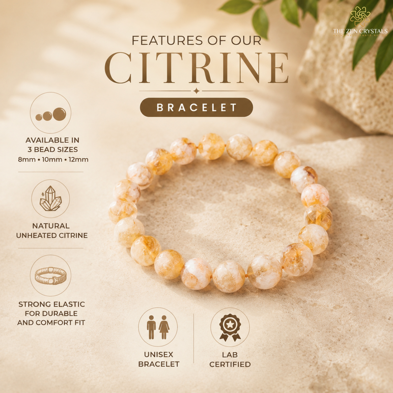 Unheated Citrine bracelet displayed on a textured beige surface, surrounded by marketing text and icons detailing product features such as available bead sizes, natural unheated citrine, elastic strength, unisex fit, and lab certification. The brand name 'The Crystal Corner' is visible in the top right corner.