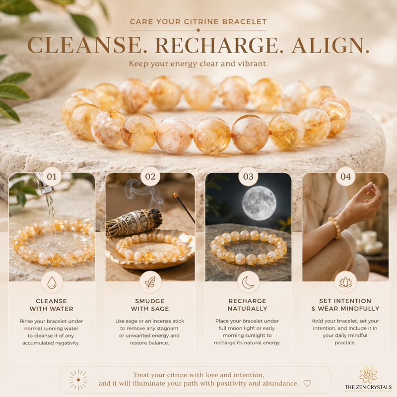 Unheated Citrine bracelet made of warm amber-orange translucent stones is displayed on a stone surface, with a four-step care and charging guide below. The text reads 'CLEANSE.