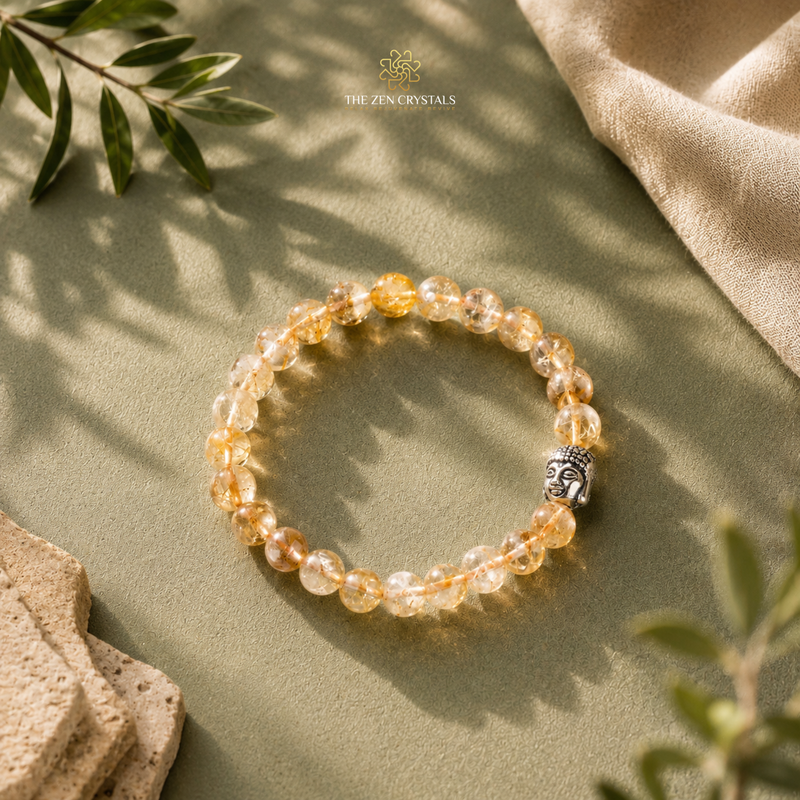 A Unheated Citrine 8mm bracelet made of clear faceted crystals with warm golden-orange tones and a small silver Buddha head charm, styled on a sage green surface with leaves and fabric.
