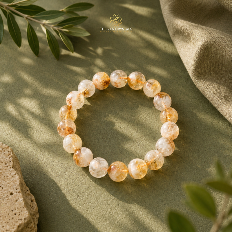 Unheated Citrine 10mm bracelet made of round translucent white and pale yellow gemstone beads with orange-brown inclusions, arranged in a circle on an olive green fabric surface with leaf and stone props. The brand name The Zen Crystals appears near the top.