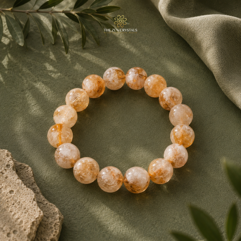 Unheated Citrine 12mm bracelet made of round translucent peach and amber-orange stones with white cloudy inclusions, arranged in a circle on an olive green textured surface with fabric, stone, and leaves as props. The brand name The Zen Crystals appears at the top center.