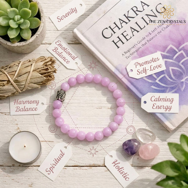 kunzite bracelet with a book titled 'Chakra Healing' on a wooden surface.