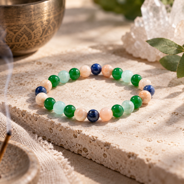 A beaded stretch bracelet made of polished round beads in green, light aqua, peach, and dark blue, arranged on a textured beige stone slab with soft-focus decorative props in the background.