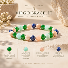 A beaded stretch bracelet for Virgo, featuring polished green, light blue, peach, and dark blue beads, displayed on a textured beige stone surface with astrological text and bead color legends.