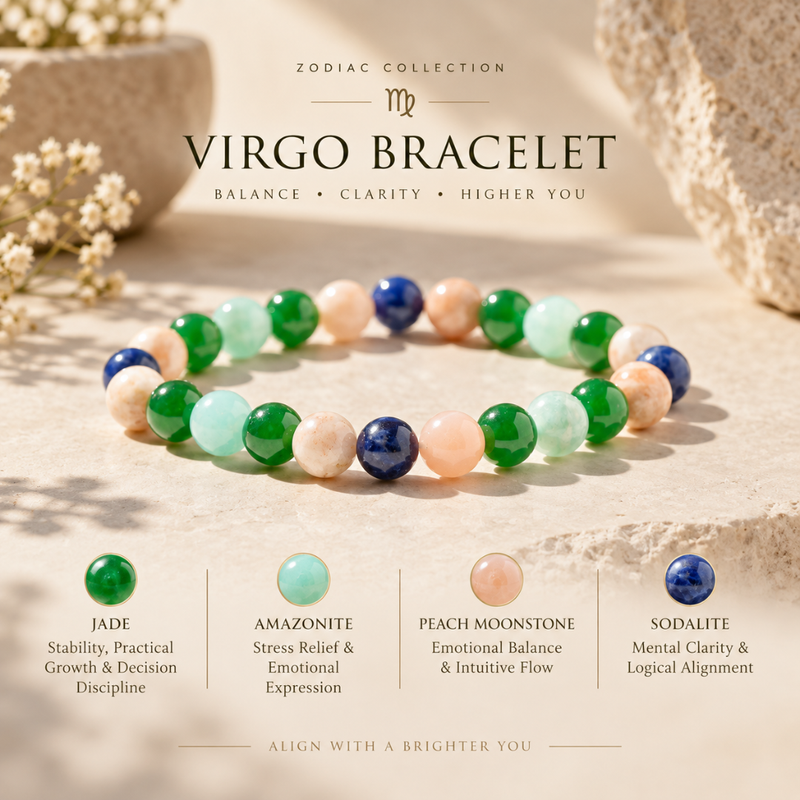 A beaded stretch bracelet for Virgo, featuring polished green, light blue, peach, and dark blue beads, displayed on a textured beige stone surface with astrological text and bead color legends.