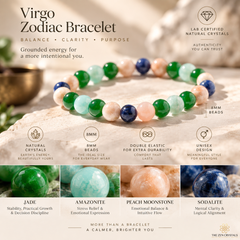 A Virgo Zodiac bracelet made of multicolored gemstone beads, displayed on a textured stone surface. The image is a promotional graphic featuring the bracelet and text detailing the materials: natural jade, amazonite, peach moonstone, and sodalite.