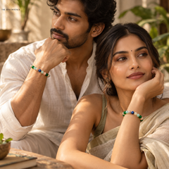 A man and woman wearing matching beaded bracelets and a matching beaded necklace, styled in a warm, rustic indoor setting with plants in the background.