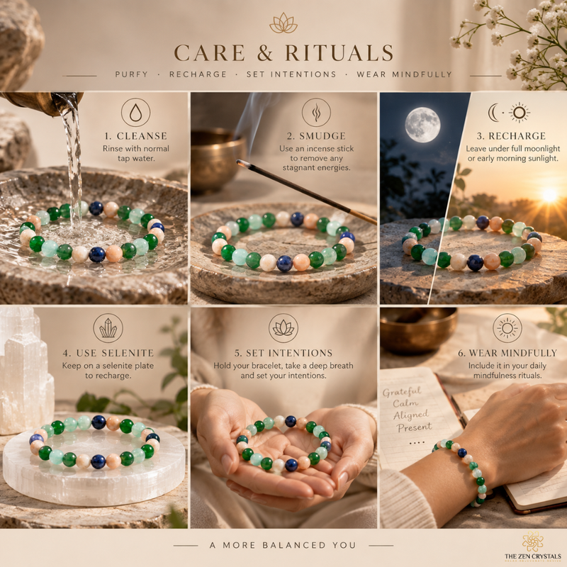 A six-panel care and ritual guide for a beaded crystal bracelet. The panels show the bracelet in different contexts: rinsing with water, smudging with an incense stick, charging under a full moon, resting on a stone slab, held in hands, and worn mindfully.