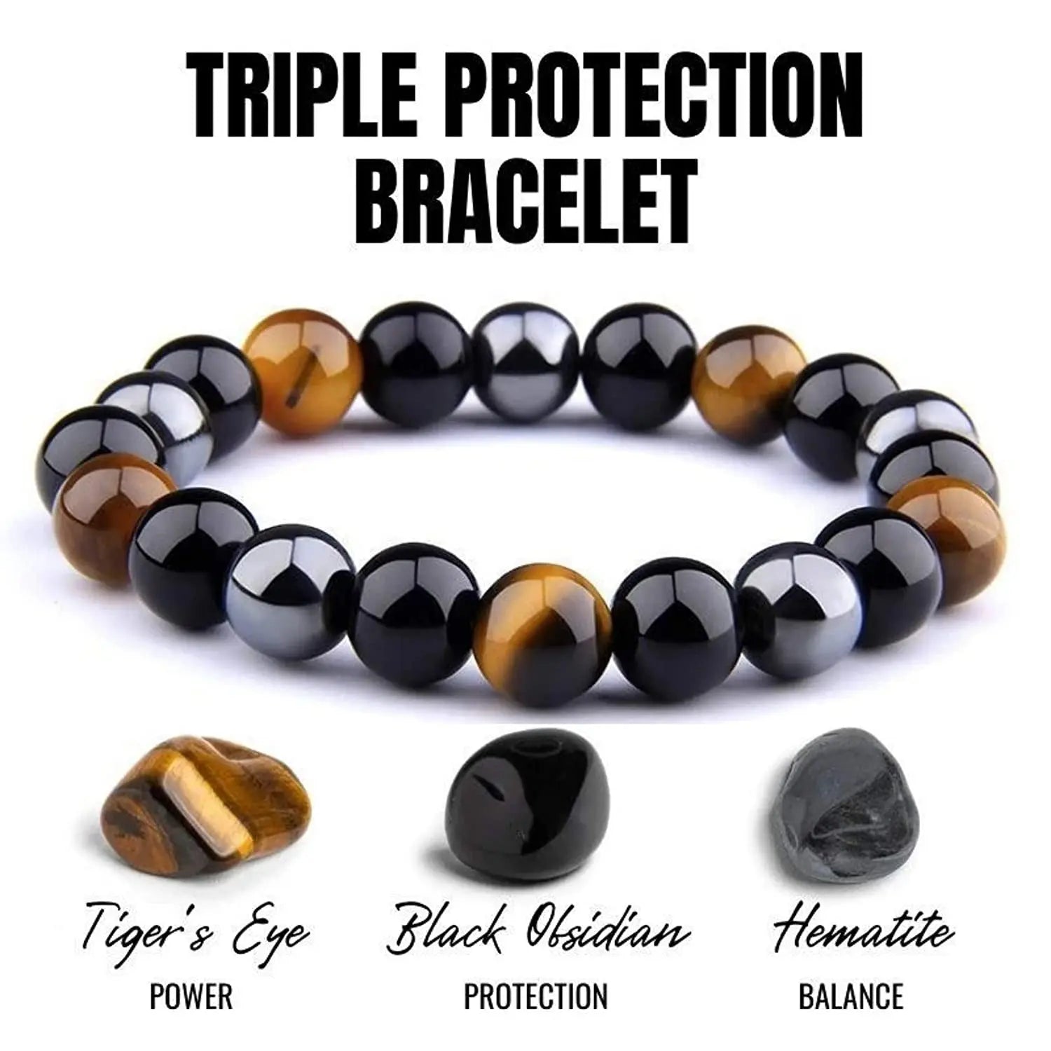 Set Of 3 Tigers Eye Black Obsidian Hematite Triple Protection Crystal  Bracelets For Men And Women