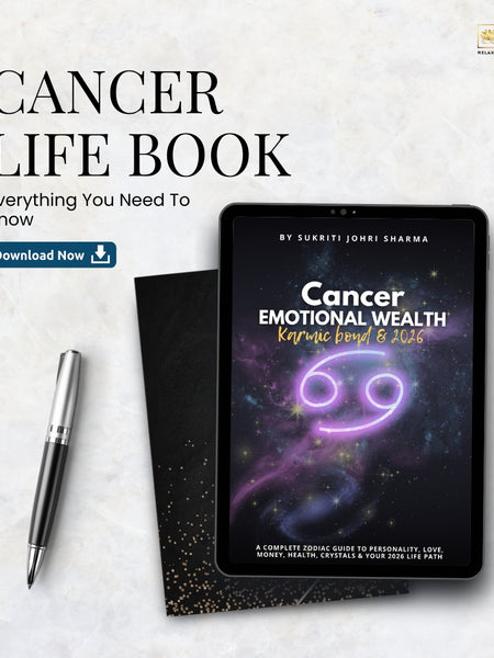 Tablet with 'Cancer Emotional Wealth' book cover on a light marble background