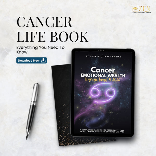 Tablet with 'Cancer Emotional Wealth' book cover on a light marble background
