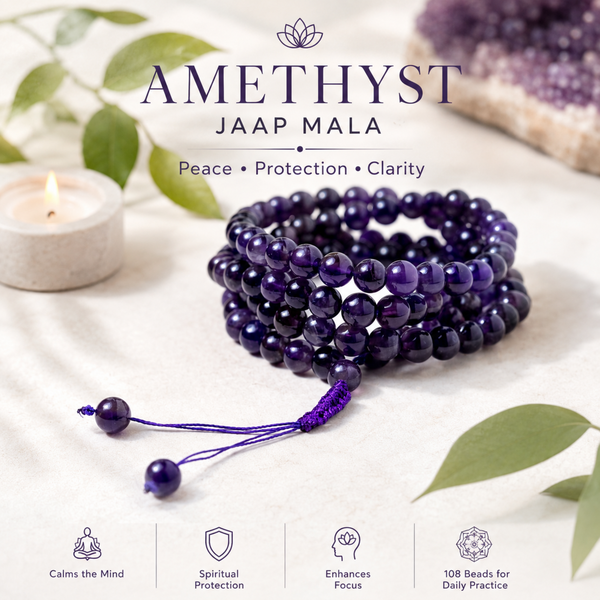 Amethyst Jaap Mala with descriptive text on a light background