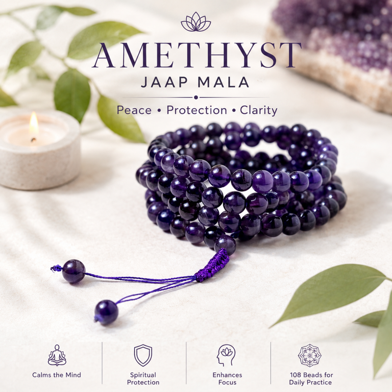 Amethyst Jaap Mala with descriptive text on a light background