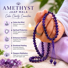 Amethyst Jaap Mala with benefits listed on a blurred background