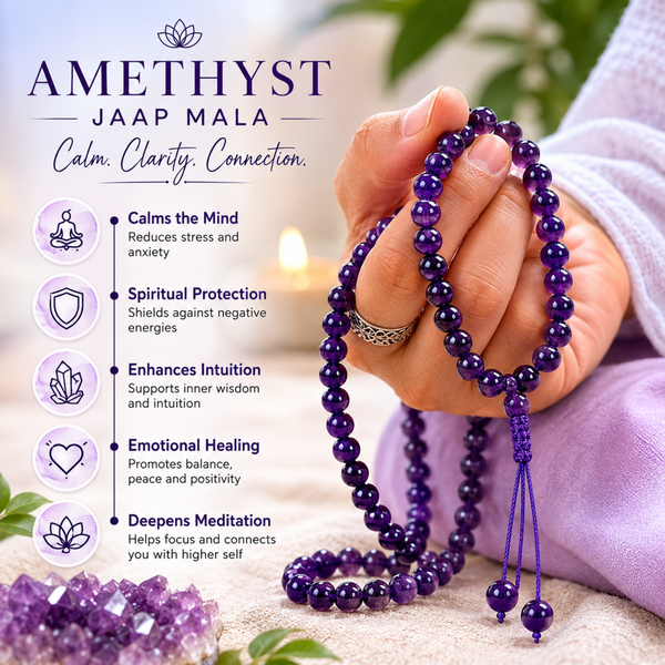 Amethyst Jaap Mala with benefits listed on a blurred background
