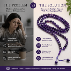 Advertisement for an amethyst Jaap Mala necklace, showing a woman stressed and a necklace with benefits listed.