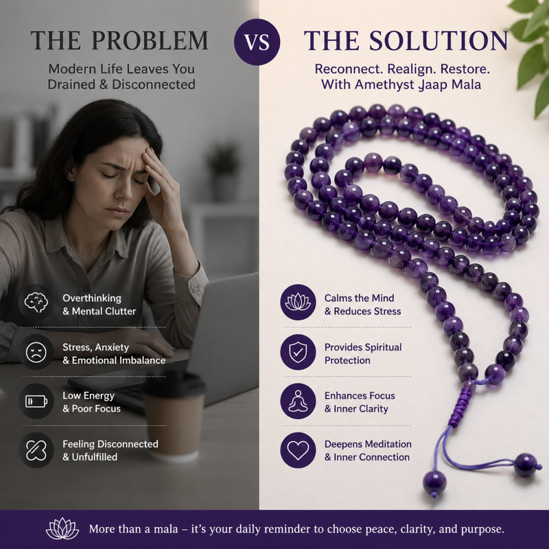 Advertisement for an amethyst Jaap Mala necklace, showing a woman stressed and a necklace with benefits listed.