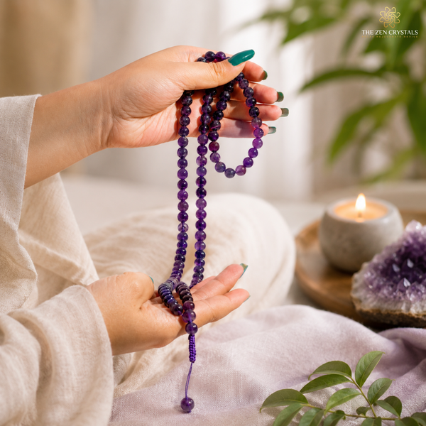 Person holding a amethyst jaap mala with a blurred background featuring a candle and crystals.