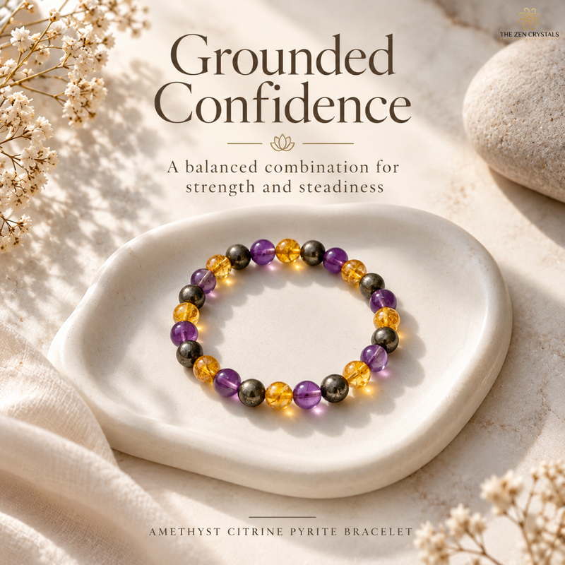 A beaded bracelet with purple amethyst, orange citrine, and dark gray pyrite beads displayed on a white ceramic dish. The image has a warm, styled aesthetic with dried flowers, a stone, and text overlays reading 'Grounded Confidence' and 'Aethyst Citrine Pyrite Bracelet'.