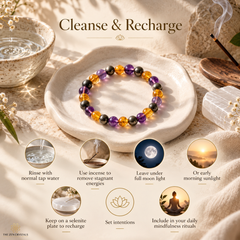 A beaded bracelet with purple, amber, and black gemstone beads displayed on a white ceramic dish, surrounded by spa-style props including a bowl of water, a smoking incense stick, a crystal cluster, and text overlays explaining how to cleanse and recharge.