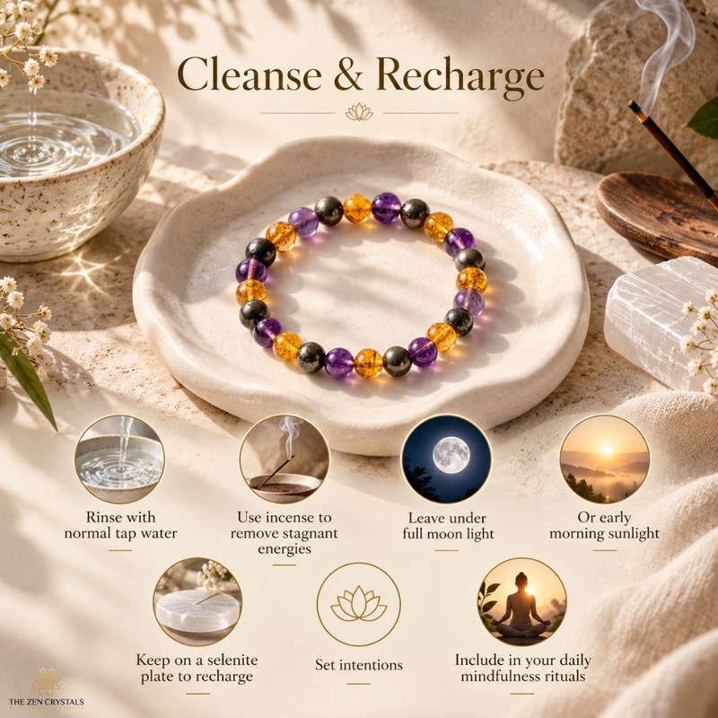 A beaded bracelet with purple, amber, and black gemstone beads displayed on a white ceramic dish, surrounded by spa-style props including a bowl of water, a smoking incense stick, a crystal cluster, and text overlays explaining how to cleanse and recharge.