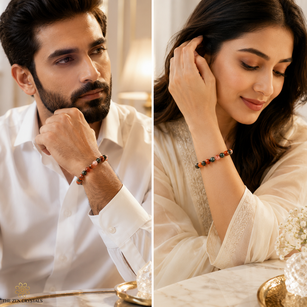 A split-screen lifestyle image showing a man and a woman wearing Aries zodiac bracelets. The bracelets feature red, green, and white beads.