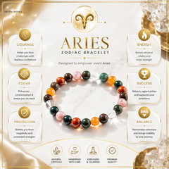 A promotional graphic for an Aries zodiac bracelet made of multicolored gemstone beads, set against a warm cream marble background with gold decorative accents and text detailing its benefits.